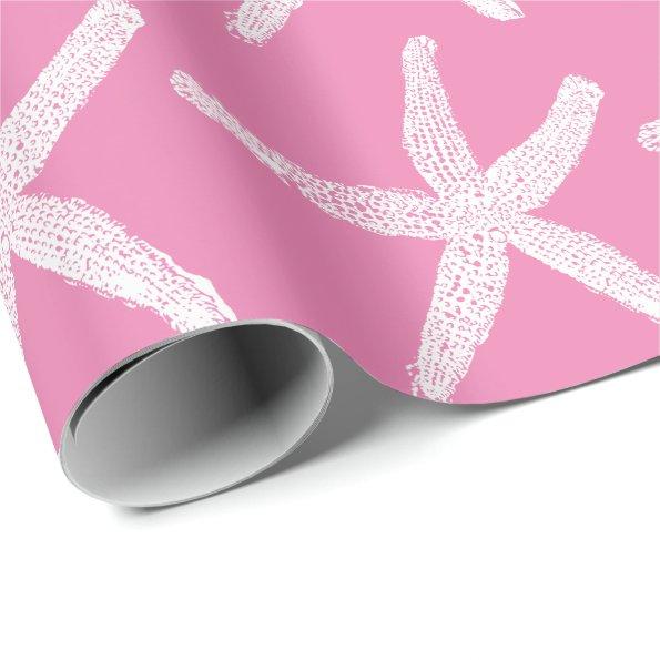 White Starfish Patterns Light Pink Beach Christmas Wrapping Paper