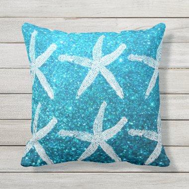 White Starfish Patterns Luxury Glittery Teal Blue Outdoor Pillow