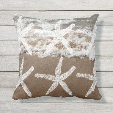 White Starfish Patterns Nautical Sandy Beach Ocean Outdoor Pillow