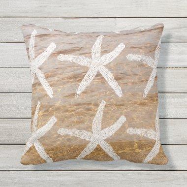 White Starfish Patterns Nautical Sandy Beach Water Outdoor Pillow