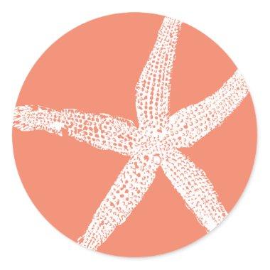White Starfish Patterns Salmon Pink Orange Cute Classic Round Sticker