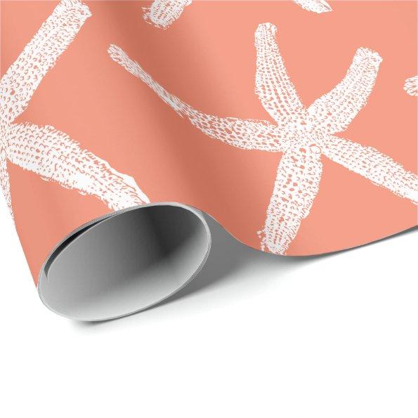 White Starfish Patterns Salmon Pink Orange Cute Wrapping Paper