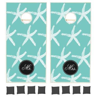 White Starfish Patterns Wedding Mr & Mrs Teal Blue Cornhole Set