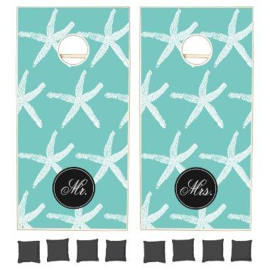 White Starfish Patterns Wedding Mr & Mrs Teal Blue Cornhole Set