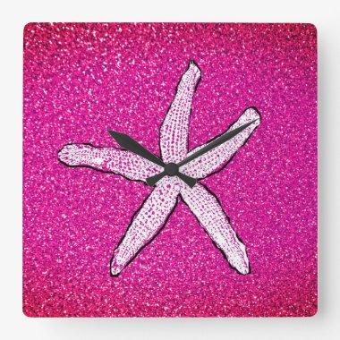 White Starfish Pink Glittery Ombre Girls Room Square Wall Clock
