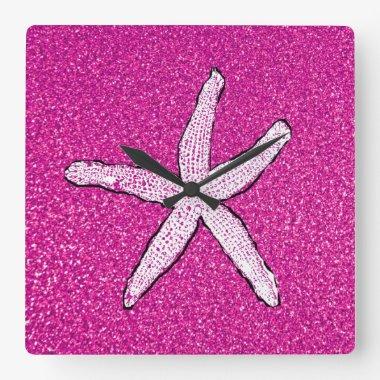 White Starfish Pink Glittery Sparkly Girls Room Square Wall Clock