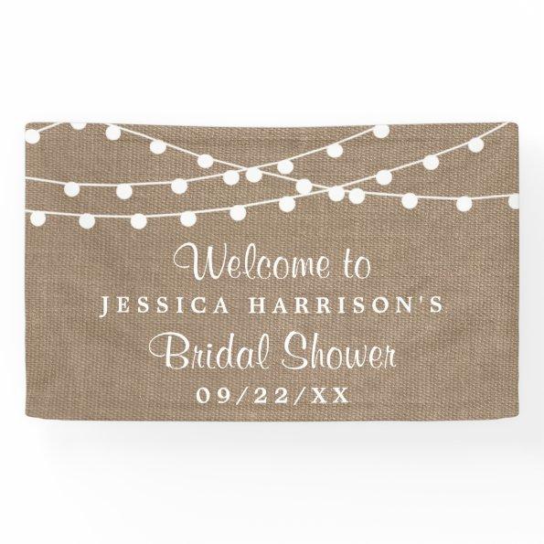 White String Lights On Rustic Burlap Bridal Shower Banner