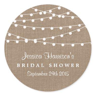 White String Lights On Rustic Burlap Bridal Shower Classic Round Sticker