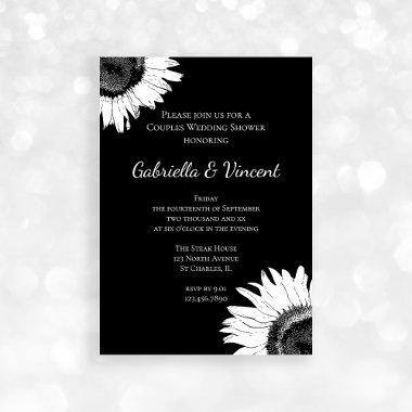 White Sunflower on Black Couples Wedding Shower Invitations