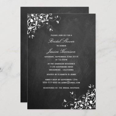 White Swirls On Chalkboard Bridal Shower Invitations