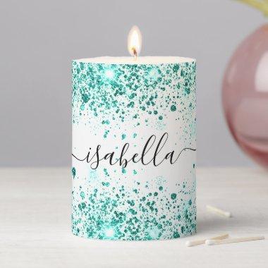 White teal green glitter dust name script elegant pillar candle