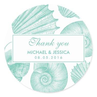 White Teal Seashell Wedding Thank You Sticker