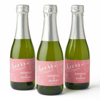 White Tropical Floral Hibiscus on Coral Pink Mini Sparkling Wine Label