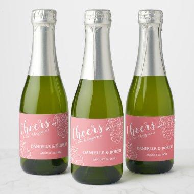 White Tropical Floral Hibiscus on Coral Pink Mini Sparkling Wine Label