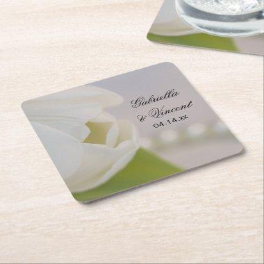 White Tulip and Pearls Spring Wedding Square Paper Coaster