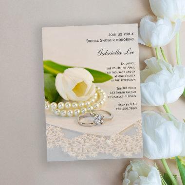 White Tulip, Pearls and Rings Bridal Shower Invitations