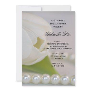 White Tulip Pearls Spring Bridal Shower Invitations