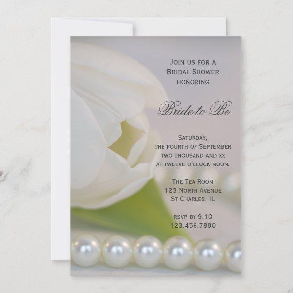White Tulip Pearls Spring Bridal Shower Invitations