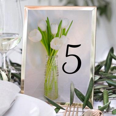 White Tulips in Milk Bottle Spring Wedding Table Number
