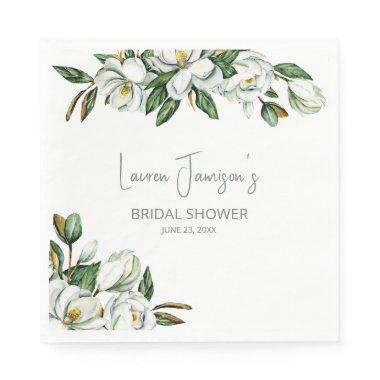 White Watercolor Magnolia Greenery  Napkins