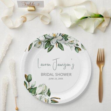 White Watercolor Magnolia Greenery  Paper Plates