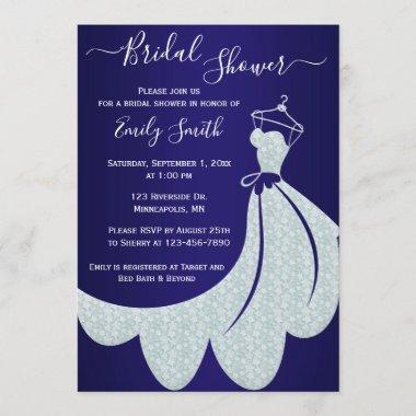 White Wedding Dress on Navy Blue Bridal Shower Invitations
