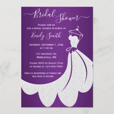 White Wedding Dress on Purple Bridal Shower Invitations