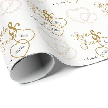 White Wedding Hearts, Confetti and Gold Lettering Wrapping Paper