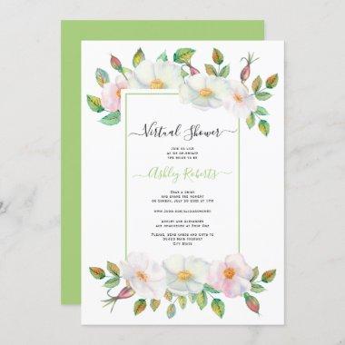White wild rose green floral virtual bridal shower Invitations