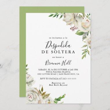 White Winter Peony Floral Spanish Bridal Shower Invitations