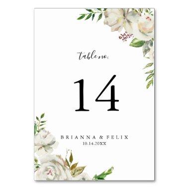 White Winter Peony Floral Wedding Table Number