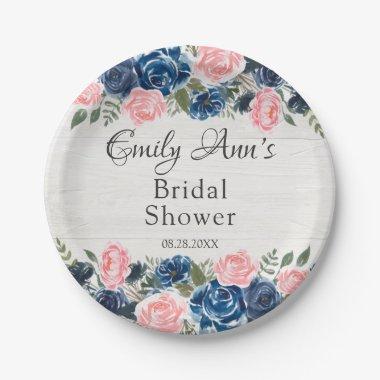 White Wood Blush Pink Navy Peony  Paper Plates