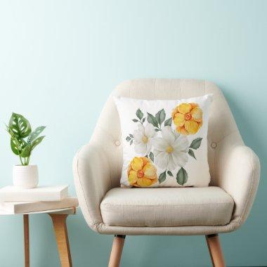 White Yellow Floral Flowers Greenery Accent Throw Pillow