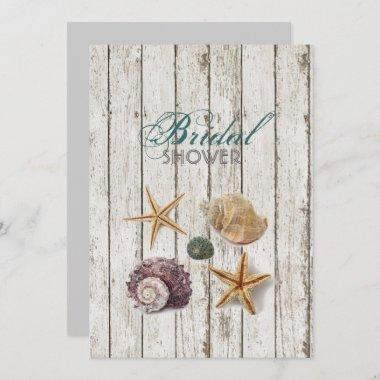 Whitewashed wood seashells beach bridal shower Invitations