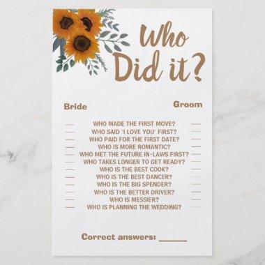Who did it Shower Game Invitations Sunflowers Greenery Flyer