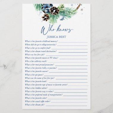 Who knows bride best winter bridal shower game stationery