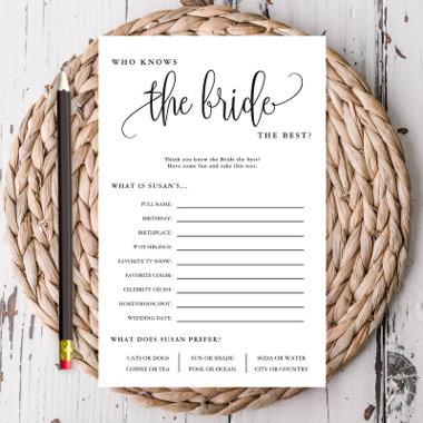 Who Knows The Bride Editable Paper Game Invitations