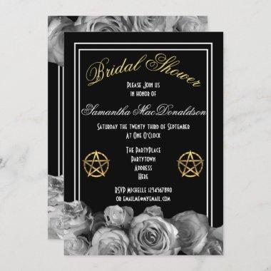 Wiccan pentacle black floral bridal shower Invitations