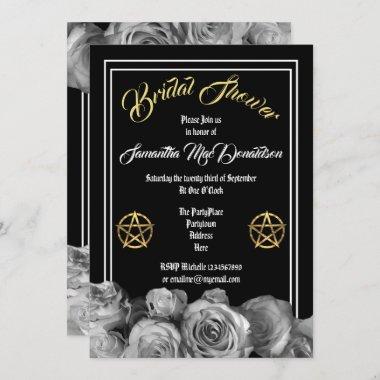 Wiccan pentacle black floral bridal shower Invitations