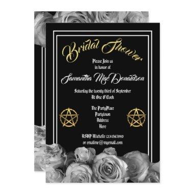 Wiccan pentacle black floral bridal shower Invitations