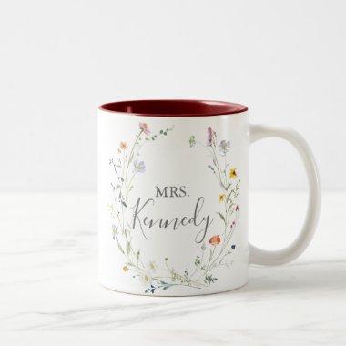 Wild Multicolor Floral Mrs Newlywed Bride Two-Tone Coffee Mug