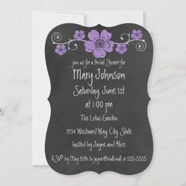 Wild Purple Roses Chalkboard Bridal Shower Invitations