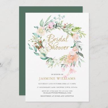 Wild Rose Floral Gold Script Bridal Shower Invitations