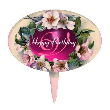 WILD ROSES HAPPY BIRTHDAY MONOGRAM CAKE TOPPER