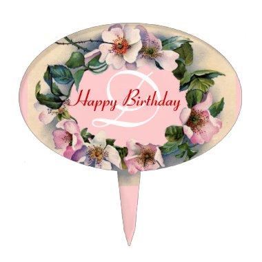 WILD ROSES HAPPY BIRTHDAY MONOGRAM CAKE TOPPER