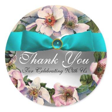 WILD ROSES WITH AQUA BLUE ,TEAL RIBBON ,Thank you Classic Round Sticker