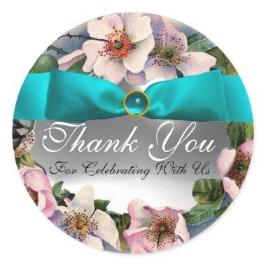 WILD ROSES WITH AQUA BLUE ,TEAL RIBBON ,Thank you Classic Round Sticker