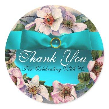 WILD ROSES WITH AQUA BLUE ,TEAL RIBBON ,Thank you Classic Round Sticker