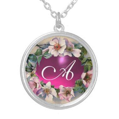 WILD ROSES WITH PINK FUCHSIA GEM STONE SILVER PLATED NECKLACE