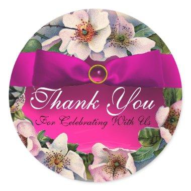 WILD ROSES WITH PINK RIBBON ,Thank you Classic Round Sticker